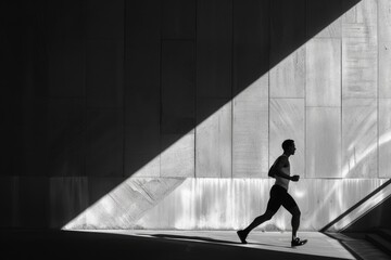 Minimalistic scene with the silhouette of an athlete and dramatic hard shadows