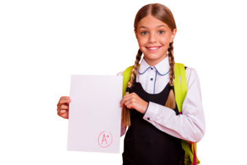 Close-up portrait of her she nice attractive charming cute cheerful cheery confident successful pre-teen girl showing good mark score grade isolated on bright vivid shine orange background