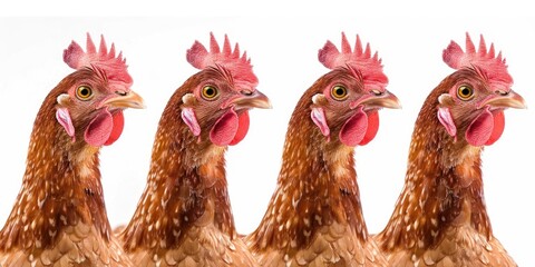 Chickens. Funny Farm Animals in Closeup Portrait. Isolated Hen on White Background