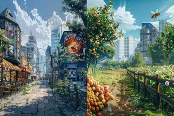 The energetic vibe of a city center, with bustling cafes, modern street art, and stylish buildings. On the other side, a quiet rural orchard in full bloom, with fruit-laden trees