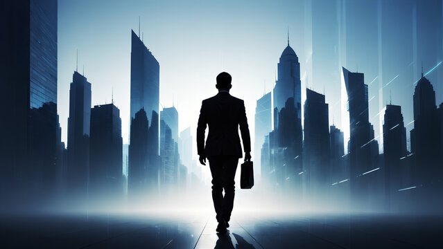A silhouette of a businessman walking on the morning