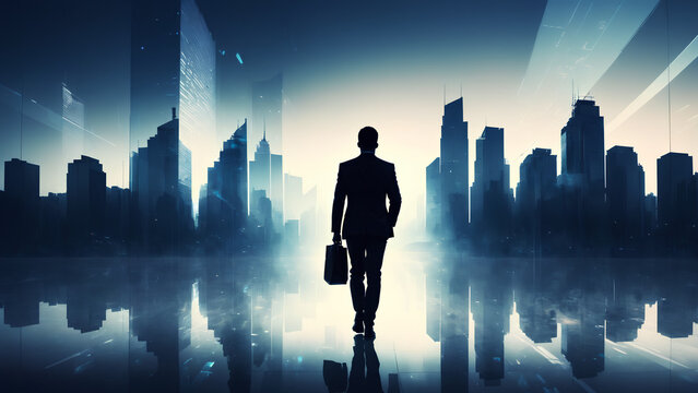 A silhouette of a businessman walking on the morning