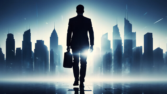 A silhouette of a businessman walking on the morning