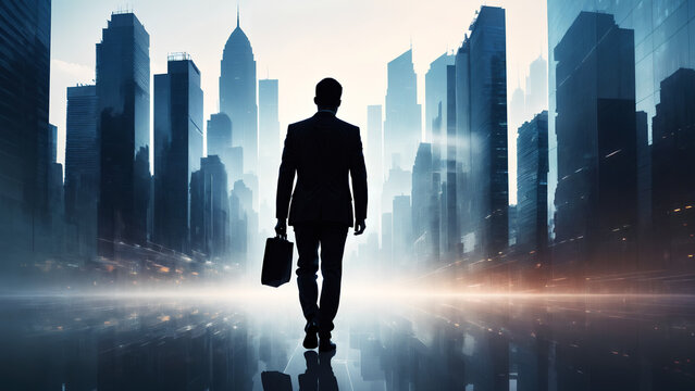 A silhouette of a businessman walking on the morning