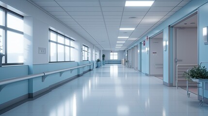 Empty modern hospital corridor, clinic hallway interior background