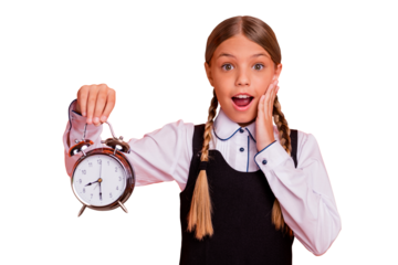 Close-up portrait of her she nice attractive lovely funny cheerful cheery glad pre-teen blonde girl holding in hand retro clock 1 September wakeup early isolated on vivid shine orange background