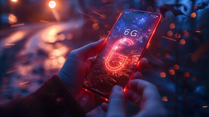 A hand manipulates a gadget, offering a tantalizing glimpse into the eminent era of 6G mobile communications with its blazing speed and efficiency.