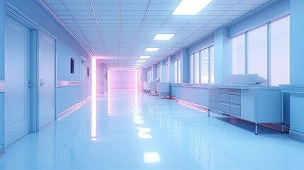 Empty modern hospital corridor, clinic hallway interior background