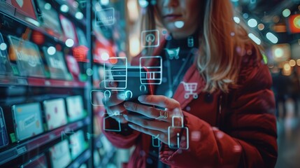 A customer shopping on social media platforms using a mobile phone concept, virtual screen