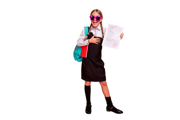 Full length body size view of nice attractive sloppy cheerful cheery naughty glad pre-teen girl...