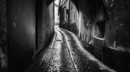 Obraz premium The alleyway curves and twists concealing its destination and creating a sense of disorientation. Black and white art