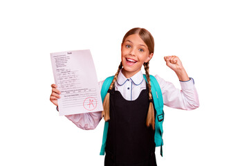 Portrait of nice attractive charming cute smart clever cheerful cheery successful glad pre-teen girl demonstrating great cool best grade having fun isolated on bright vivid shine orange background