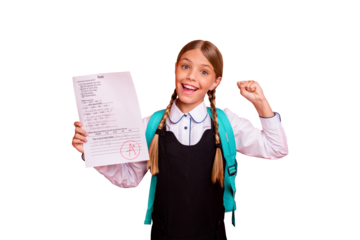 Portrait of nice attractive charming cute smart clever cheerful cheery successful glad pre-teen girl demonstrating great cool best grade having fun isolated on bright vivid shine orange background