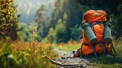 Orange backpack and boots on forest trail with sunlight filtering through trees
