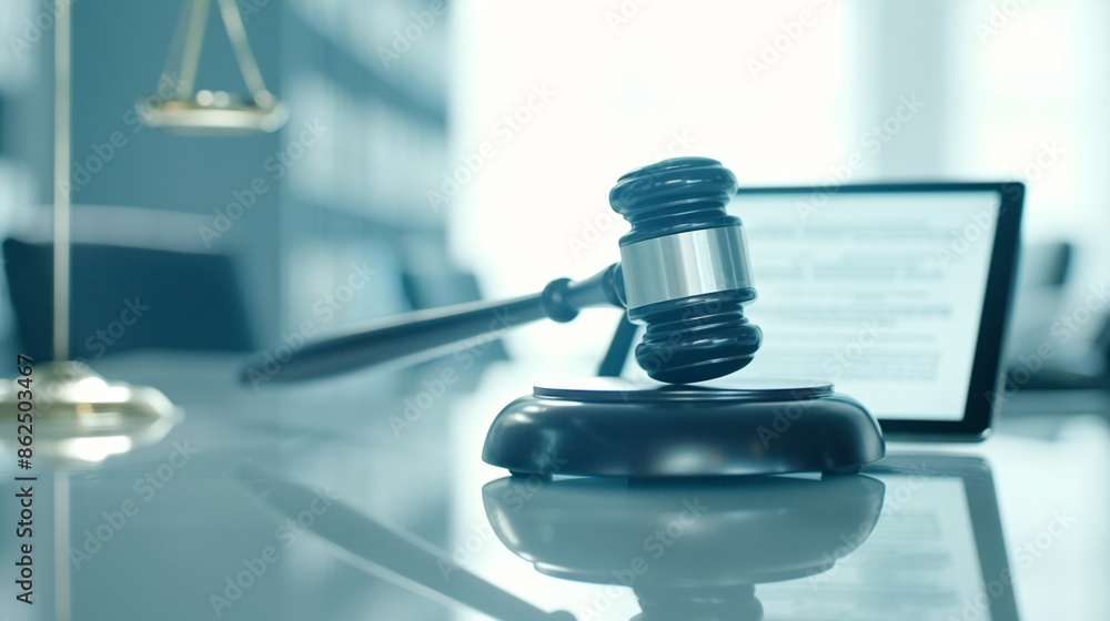 Poster a virtual courtroom scene featuring a digital gavel hovering over a tablet displaying bankruptcy doc