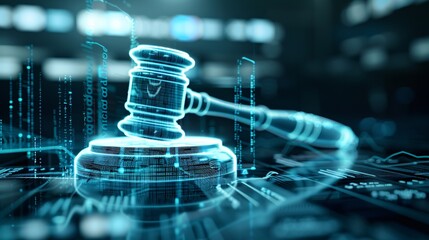 The digital representation of a bankruptcy court features a glowing gavel and digital documents on a virtual desk. The layout includes a vast expanse of copy space, perfect for highlighting modern