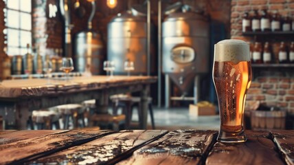Full glass of beer on wooden table with brewery equipment in background