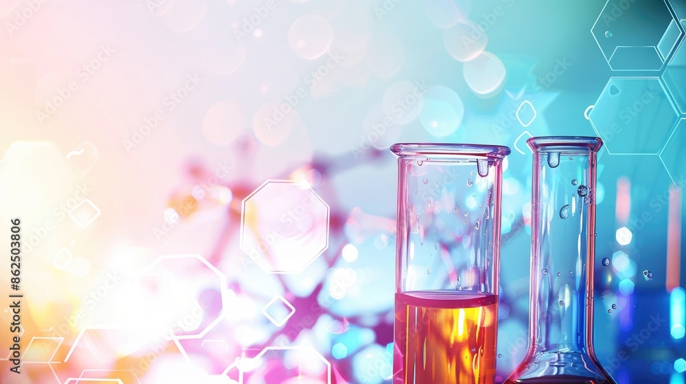 Poster laboratory glassware with colorful liquids on bright, bokeh background hexagonal shapes