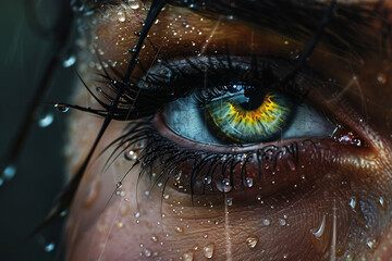 close up of a person's eye with water droplets on their eyelashes