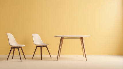 Obraz premium Chair table. Minimal style Two chair and table on yellow background. Simple Furniture style.