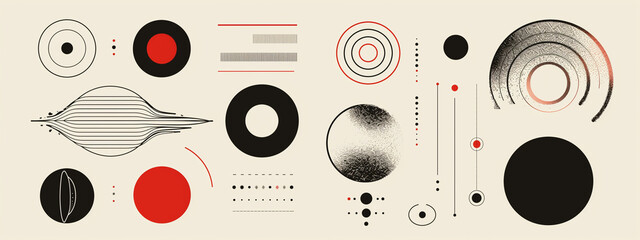 A set of graphic design elements with black and red lines