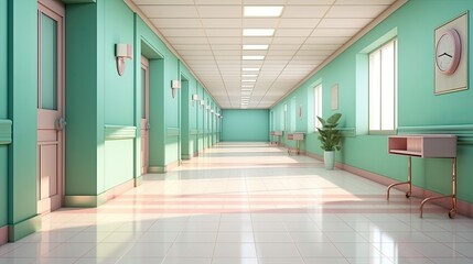 Empty modern hospital corridor, clinic hallway interior background