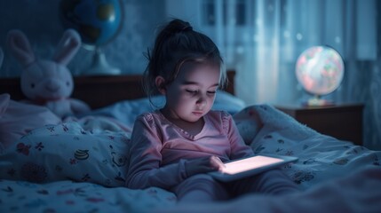 The child with glowing tablet