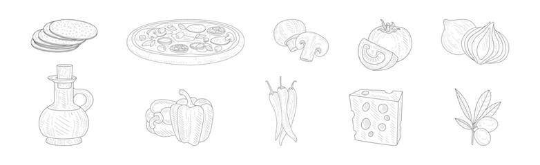 Pizza Ingredient and Food Component for Cooking Sketch Hand Drawn Vector Set