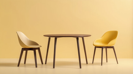 Chair table. Minimal style Two chair and table on yellow background. Simple Furniture style.
