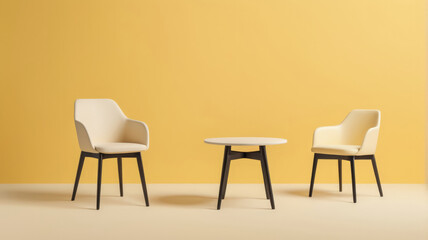 Chair table. Minimal style Two chair and table on yellow background. Simple Furniture style.