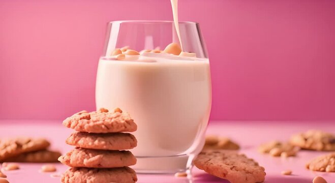 Oatmeal cookies with a glass of milk splashed on a pink background