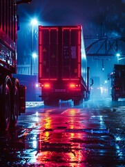 A semi-truck drives through a dark and rainy city street. The only light comes from the streetlights and the truck's headlights. The truck is reflecting off the wet pavement.