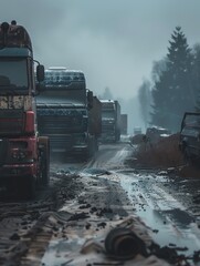 A line of abandoned trucks sit on a muddy road. The trucks are old and rusty, and the paint is peeling. The scene is bleak and desolate.