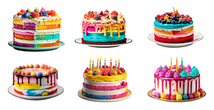 Colorful birthday cakes collection. Isolated design element on the transparent background.