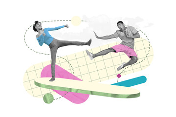 Collage portrait of two black white colors people jumping leg kick punch fight each other isolated...