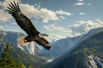 a bald eagle flying over a valley
