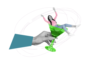 Artwork collage picture of black white colors arm hold mini overjoyed girl sit inside martini cocktail glass isolated on pink background