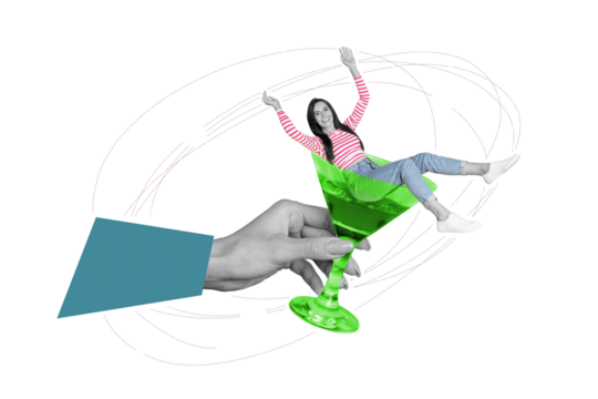 Artwork collage picture of black white colors arm hold mini overjoyed girl sit inside martini cocktail glass isolated on pink background