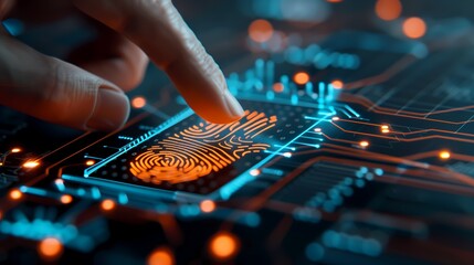 Close-up of fingertip interacting with glowing fingerprint on circuit board, representing biometric data and security systems