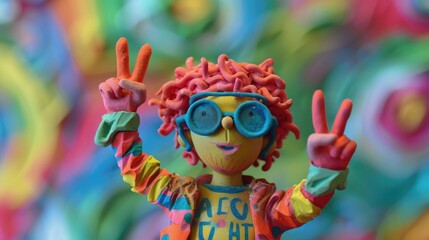 Plasticine figure. Hippy boy making a Peace and Love sign with his fingers