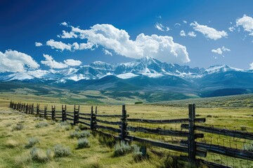 Fototapeta premium Mountain Ranch. Colorado Landscape with Fence, Snowy Mountain and Blue Sky