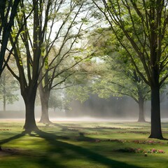 Fototapeta premium A morning of spring, in the park, sunlight filtered through the trees and shone on the lawn, dotted with numerous pink flowers. A thin layer of mist hovered in the air.