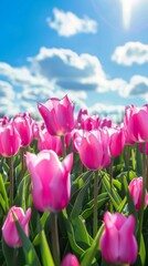 Pink tulips blooming under bright blue sky