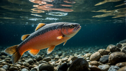 Naklejka premium salmon spawning in a clear, tranquil freshwater stream. The scene captures the moment of egg deposition