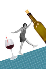 Vertical creative composite abstract photo collage of funny positive girl stop drinking wine hold...