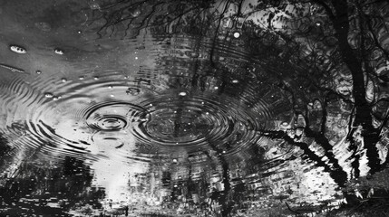 A closeup of swirling patterns in a puddle creating an abstract and distorted reflection of the surrounding trees and sky. Black and white art