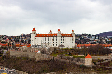 The restored Bratislava castle located on the rocky hill of the Little Carpathians and creates an important landmark of the capital of Slovakia