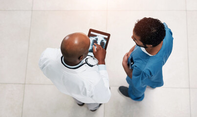 Doctor, xray and hospital with tablet, lung scan and medical collaboration for disease diagnosis. Above, digital or healthcare professional with tech and respiratory system check for cancer at clinic