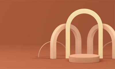 3d beige cylinder podium with arch wall background for presentation realistic vector illustration