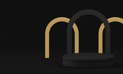Black 3d podium pedestal with golden arch wall background realistic vector illustration